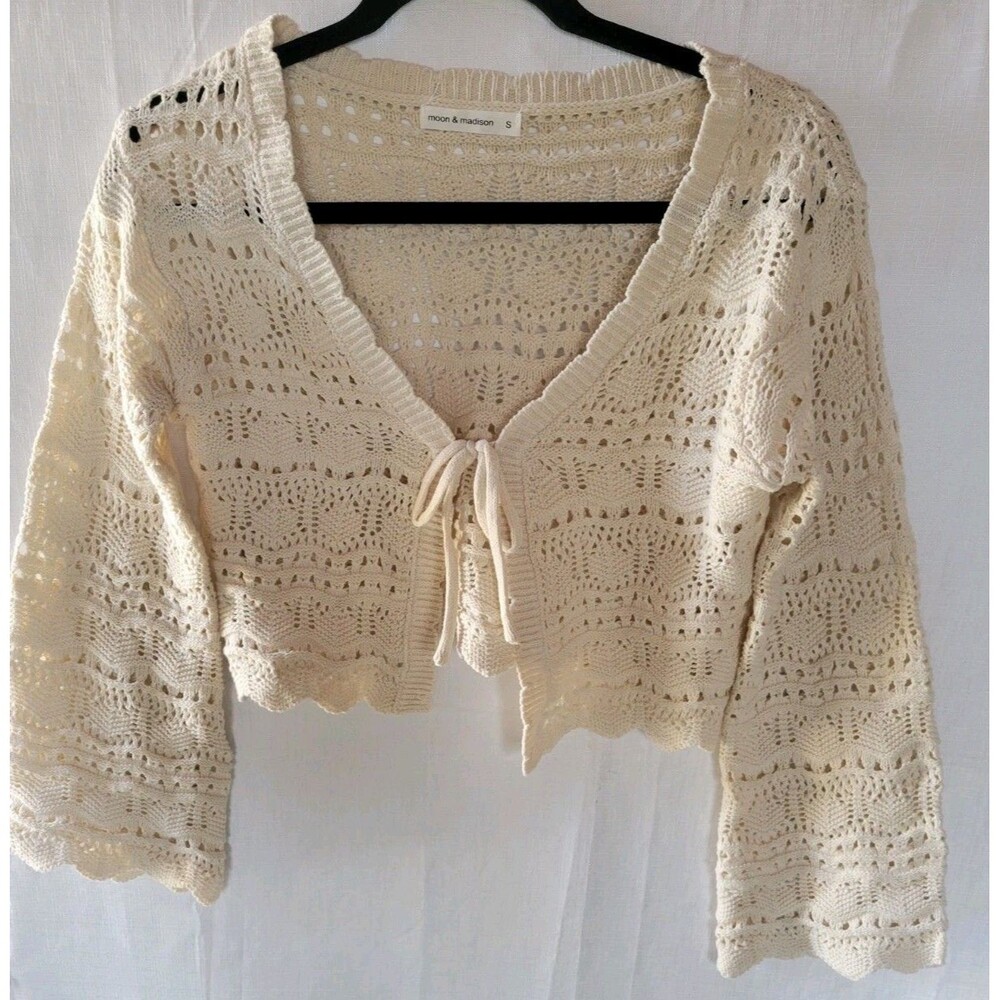 moon & madison women's Crochet tie front open knit bell sleeve cardigan S